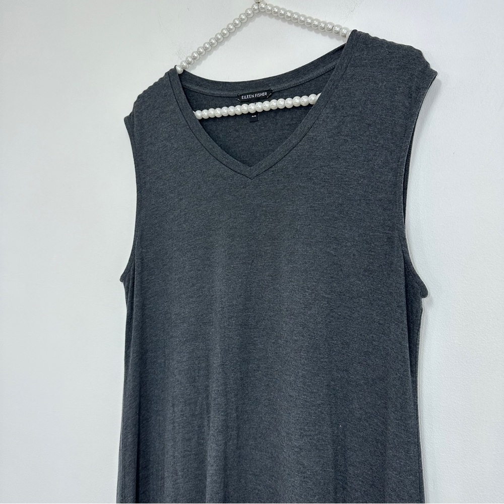 Eileen Fisher Stretch Knit Jersey V-Neck Sleeveless Shift Midi Dress in Grey - Picture 4 of 6